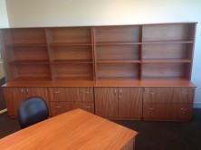 Polished Timber Veneer Credenza And Overhead Bookcase Units. In Various Sizes And Combinations
